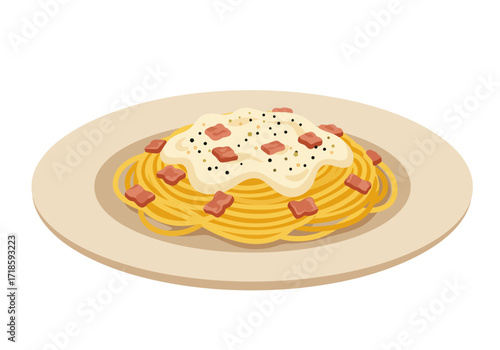 A plate of spaghetti with cream sauce and bacon pieces shown on a white background