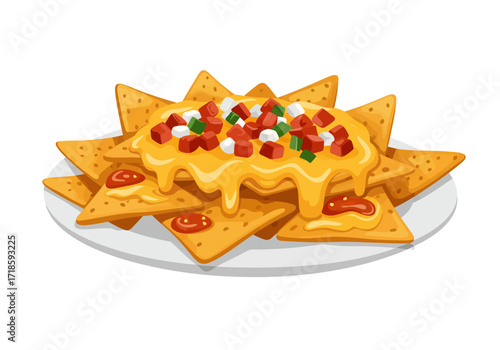A plate of nachos topped with melted cheese diced tomatoes onions and green peppers