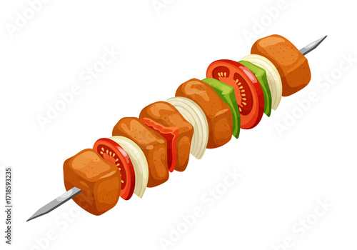 A shish kebab on a skewer features meat tomato onion and green pepper
