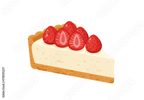A slice of cheesecake sits against a white backdrop topped with several fresh strawberries