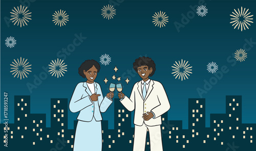 Poster with a black man and woman celebrating the New Year with sparkling wine. A city at night with buildings and fireworks in the background.