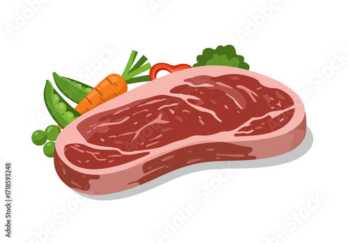 A raw steak next to vegetables