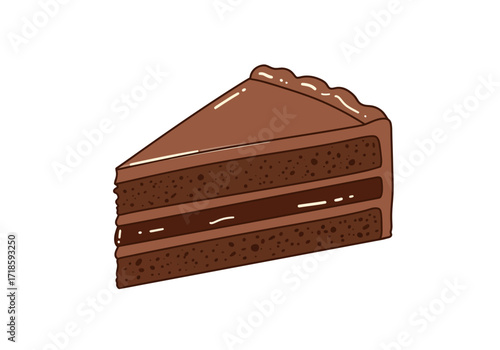 A slice of chocolate cake with two layers of sponge and a chocolate filling topped with glossy chocolate icing