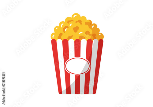 A red and white striped popcorn container overflowing with yellow popcorn and a white circle at the center
