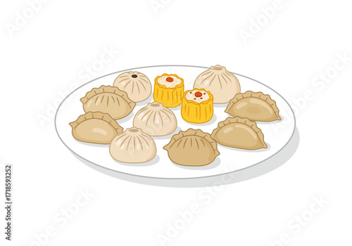 A plate of various dim sum including dumplings steamed buns and siu mai