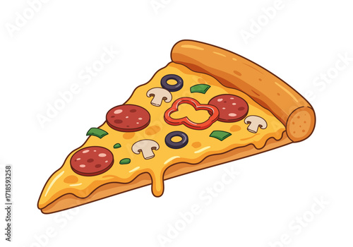 A single cartoon pizza slice with toppings like pepperoni mushroom olives and red bell peppers