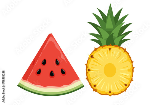A slice of watermelon and half of a pineapple sit side by side both cut open to reveal their insides