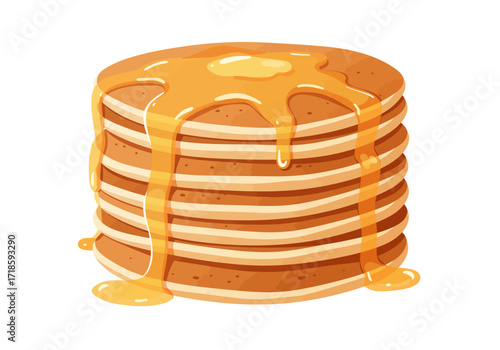 A stack of pancakes covered in syrup topped with a pat of butter