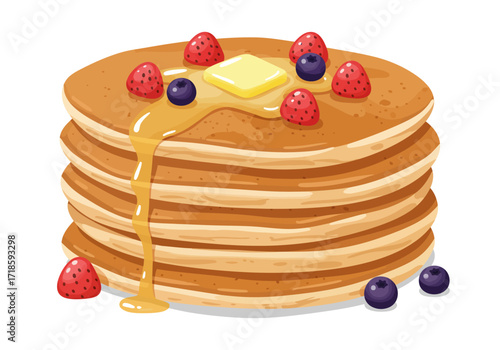 A stack of pancakes topped with butter maple syrup blueberries and strawberries