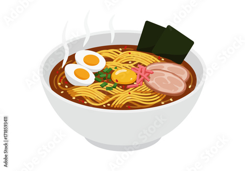 Bowl of ramen featuring noodles broth egg nori pork and garnishes