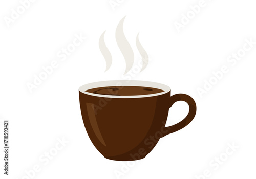 Brown mug filled with dark liquid emits white steam curls against a white background