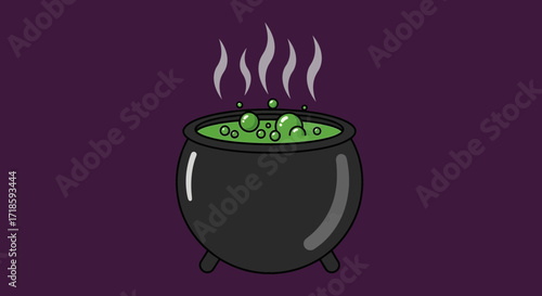 A classic witch's black cauldron with a bubbling green magic potion inside, emitting steam against a dark purple background for Halloween