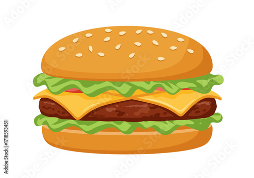 Cartoon burger sesame bun patty cheese lettuce tomato layered and vibrant on a white background