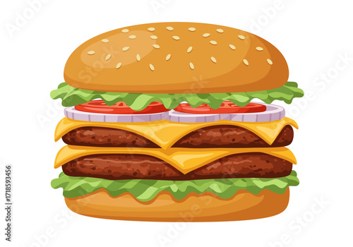 Cartoon double cheeseburger with lettuce tomato onion rings top and bottom buns covered in sesame seeds