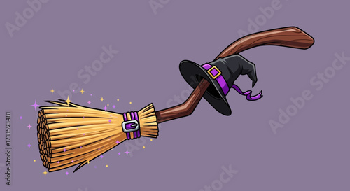 Whimsical Halloween illustration of a witch's enchanted broomstick in flight, complete with a classic pointy hat and magical purple sparkles