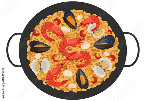 Flat vector illustration of paella with prawns mussels rice pepper and shellfish served in a black pan with side handles