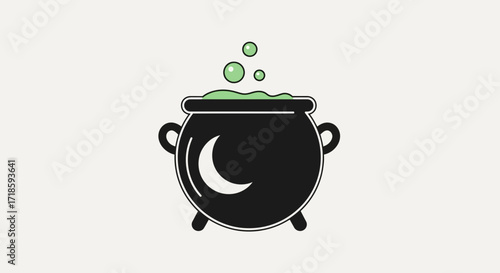 Bubbling green potion in a black witch's cauldron with a crescent moon symbol, perfect for Halloween, magic, or fantasy designs, presented as a minimalist flat graphic icon