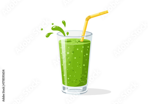 Green smoothie in a glass with a straw a splash on top against a white background