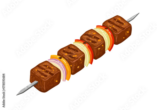 Grilled shish kebab skewer with meat cubes onion pepper slices on metal stick