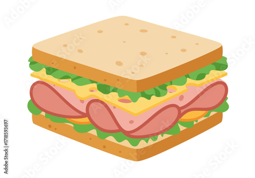 Isometric ham  cheese sandwich with lettuce showing bread ham cheese  lettuce