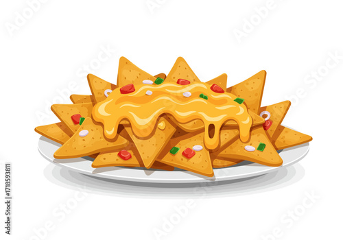 Nachos with cheese diced tomato onion and green pepper on a white plate