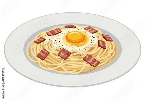 Pasta Carbonara creamy spaghetti topped with egg pepper  crispy bacon strips on a white plate