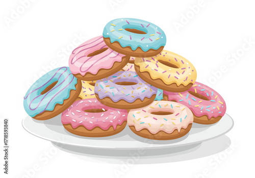 Pile of colorful donuts on a white plate