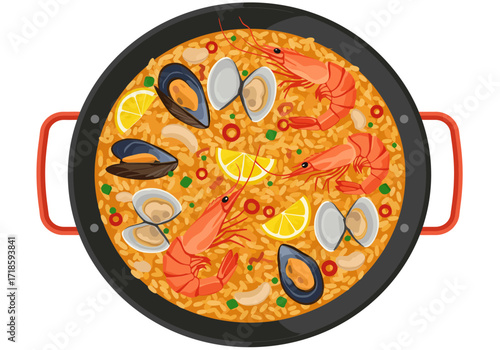 Paella a Valencian rice dish in a large flat pan features shellfish and lemon
