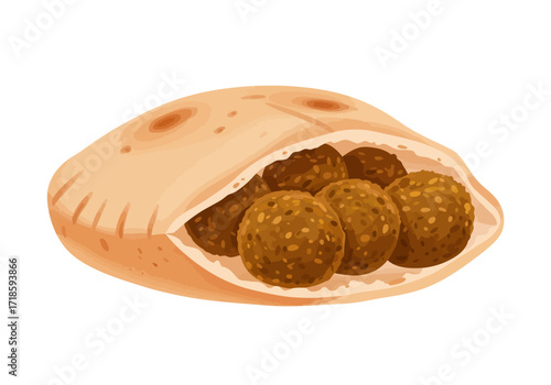Pita filled with falafel showing round fried chickpea balls in a pocket bread