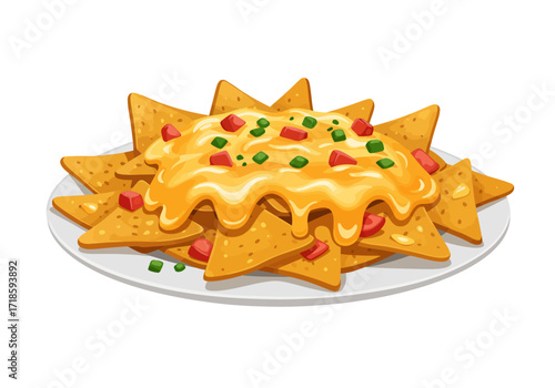 Plate of cartoon nachos with melting cheese red diced tomatoes and green diced green peppers