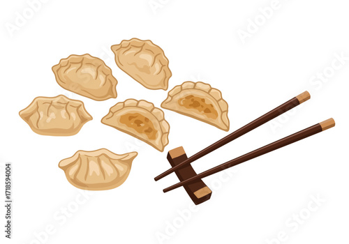 Six dumplings and chopsticks are pictured on a white background