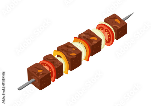Skewer with cubes of meat interspersed with tomato  onion slices presented on a gray metal skewer