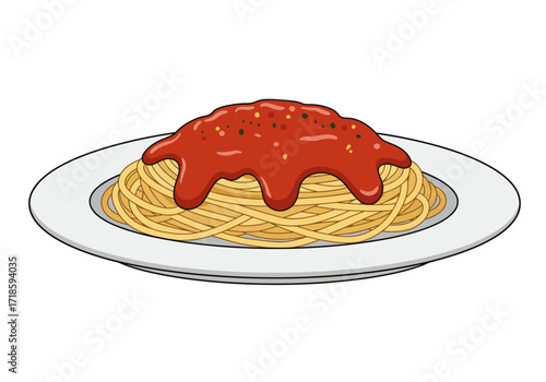 Spaghetti dish with red sauce on a white plate