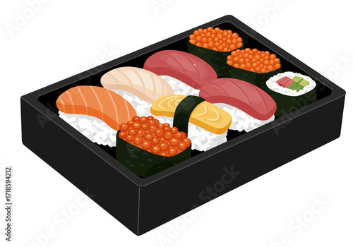 Sushi assortment in a black rectangular bento box on white
