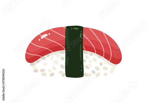 Sushi with rice tuna and seaweed presented in a vibrant flat design illustration against a white background