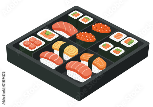 Tray with sushi salmon egg rice caviar and nori