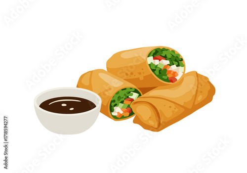 Three goldenbrown spring rolls with a dipping sauce showcasing vibrant vegetables inside