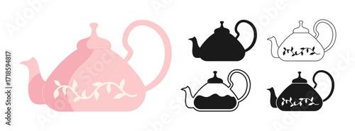 Tea teapot symbols cartoon set. Vintage kettle linear doodle and silhouette icon. Abstract childish drawn simple Japan teapot crockery. Simple stylized kettle graphic sign. Vector clipart illustration