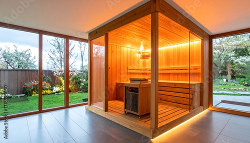 Modern wooden sauna installed in home, glowing interior