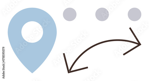 Blue location pin next to three gray dots connected by curved arrows. Ideal for navigation, travel planning, decision-making, progress tracking, journey mapping, geolocation services, simple flat
