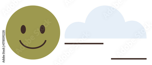 Smiling face with a green circle, light blue cloud, and horizontal lines suggesting movement. Ideal for happiness, positivity, simplicity, mindfulness, weather, optimism abstract themes simple flat