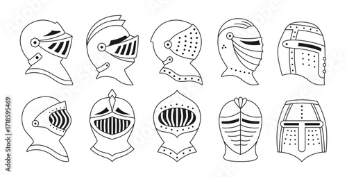 Medieval helmets signs outline vector set. Heraldic icon collection. Ancient warrior knight head armor visor plumage for coat of arms. Heraldry elements knight helmet symbol contour line illustration