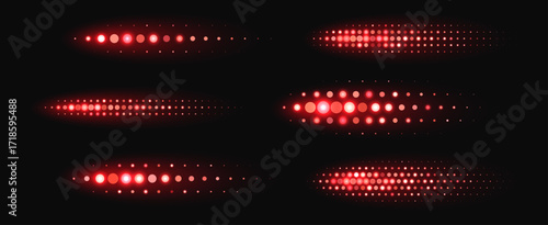 Red halftone shapes, glowing dynamic elements made from sparkling dots. Glowing vector illustration with spray effect.