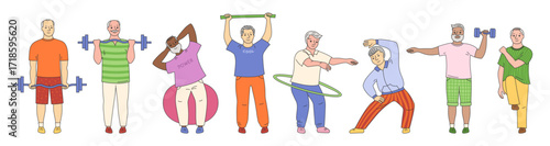 Older people play sports line cartoon set. Elderly characters old men senor hobbies. Adult seniors running, fitness exercises, gymnastics gym, cardio, yoga class, stretching jogging, strength training