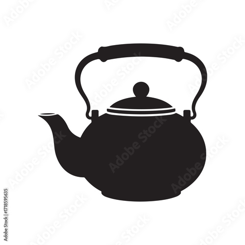 Classic Black Teapot Silhouette with Handle and Spout Kitchenware Essential for Tea Time and Warm Beverages Simple and Elegant Design Isolated on White Background