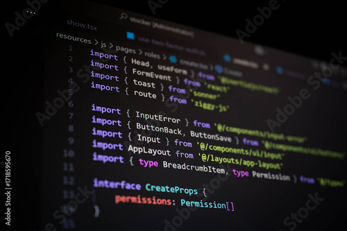Close-up of TypeScript code showing multiple import statements in a modern web application project, representing modular programming, software structure, and clean code architecture.