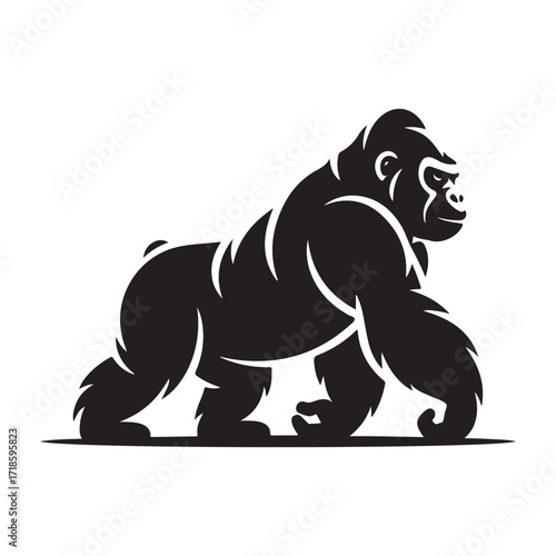 Powerful Gorilla Silhouette Walking with Determination and Strength in Striking Black and White Design Symbolizing Wildlife Conservation and Primates