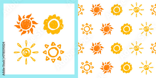 Sun with grungy effect icon set and seamless pattern. Drawn paintbrush stroke sun boundless background. Endless summertime ornament sun vector paper print fabric textile wrapper backdrop template
