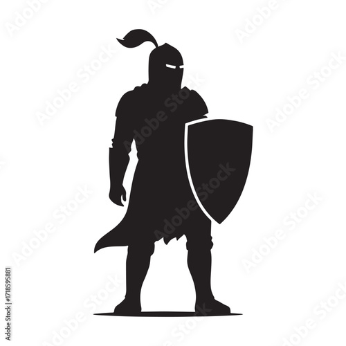 Silhouette of a medieval knight with helmet and shield standing strong embodying bravery and historical representation for games and historical illustrations and symbolic representations of strength