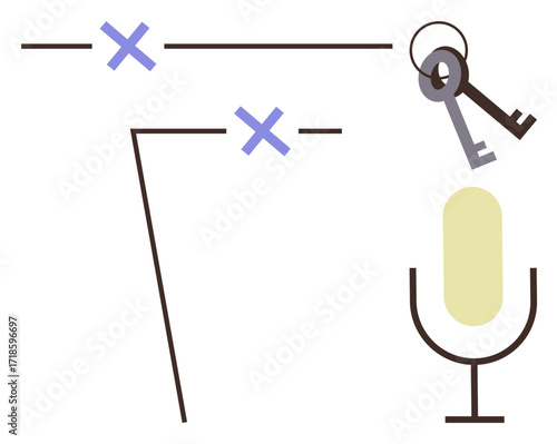 Microphone symbol paired with abstract lines and keys focusing on sound, security, access, and dialogue. Ideal for communication, security, audio recording, podcasting, encryption broadcasting